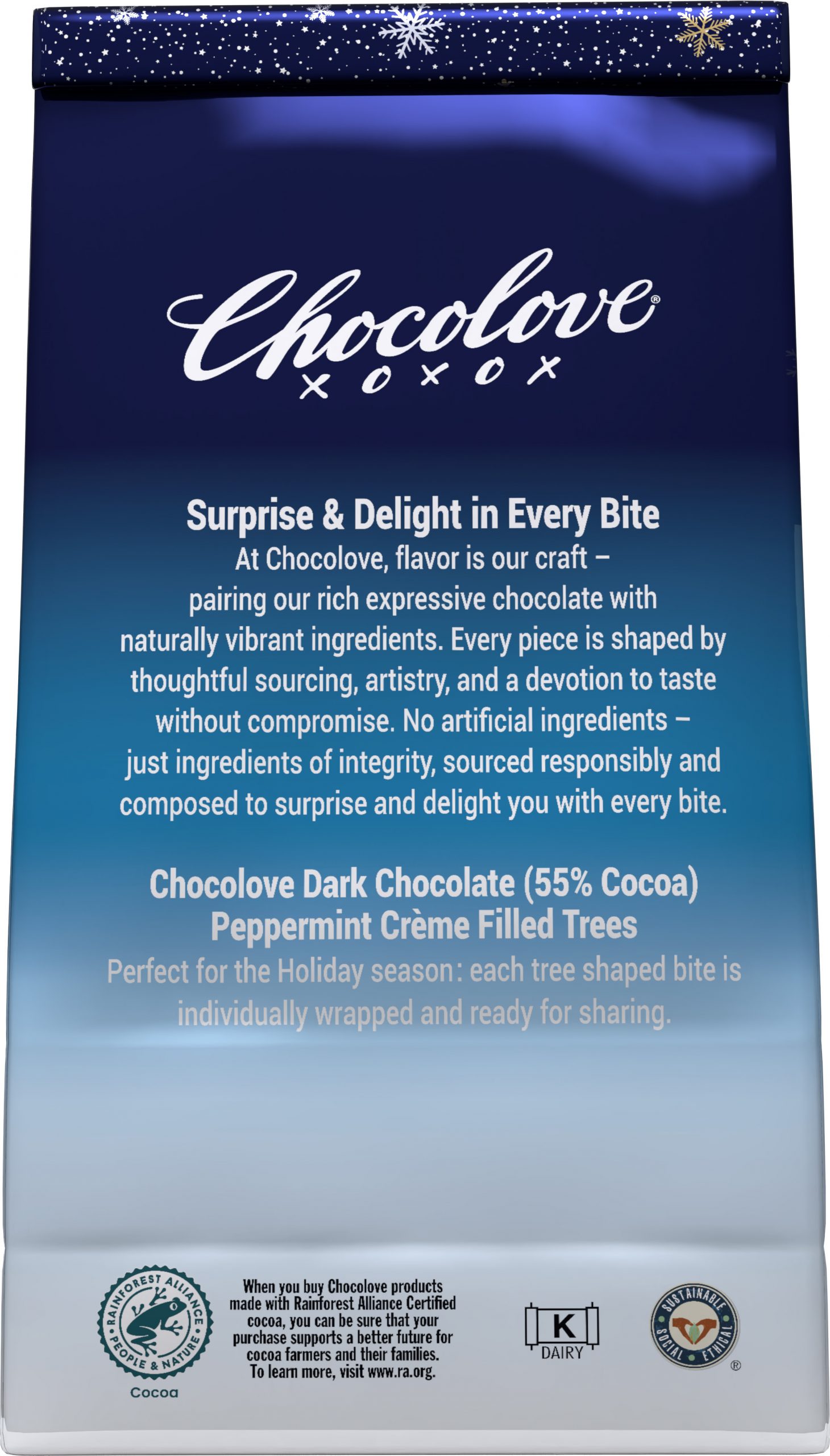 Back of Chocolove Peppermint Crème in Dark Chocolate Tree-Shaped Holiday Bites package featuring brand mission, product description, and sustainability certifications.
