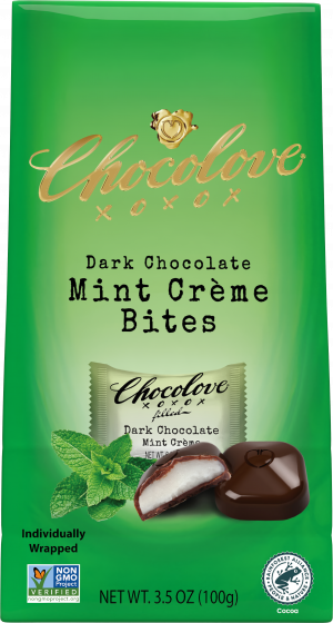 Chocolove Mint Creme Bits with dark chocolate and mint crème filling. background is green and there is a picture of mint leaves.