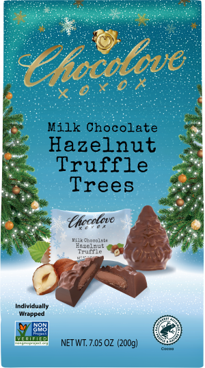 Holiday-themed packaging for Chocolove Milk Chocolate Hazelnut Truffle Trees featuring snowflakes, decorated trees, and a close-up of the tree-shaped chocolate truffle with a cross-section revealing creamy hazelnut filling, hazelnuts, and the product’s wrapper.