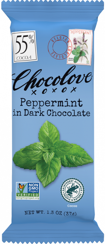 A Chocolove Peppermint in Dark Chocolate mini bar is sealed in its light blue packaging. The wrapper showcases elegant black script branding and an image of fresh peppermint leaves, emphasizing the cooling, invigorating flavor. A 55% cocoa label is positioned in the top left corner, with a red Belgian Chocolate stamp and a vintage-style postage illustration of peppermint near the top. Certification logos for Non-GMO and Rainforest Alliance appear at the bottom.