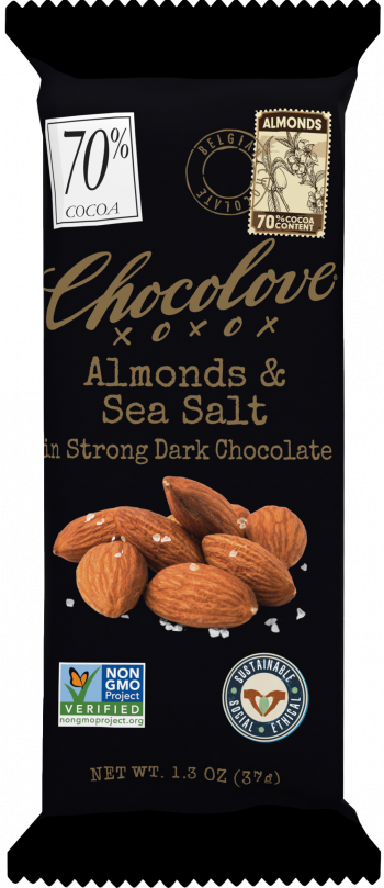 A Chocolove Almonds & Sea Salt in Strong Dark Chocolate mini bar is sealed in sleek black packaging. The elegant gold script branding contrasts against the dark background, emphasizing the rich 70% cocoa content. An image of whole almonds sprinkled with sea salt highlights the key ingredients. The top left corner features a 70% cocoa label, with a vintage-style almond postage stamp and Belgian Chocolate seal. Certification logos for Non-GMO and Sustainable Social Ethical sourcing appear at the bottom.