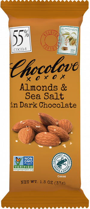 A Chocolove Almonds & Sea Salt in Dark Chocolate mini bar is sealed in its packaging. The wrapper is a rich brown tone with elegant black script branding. An image of whole almonds sprinkled with sea salt is displayed in the center, emphasizing the nutty and salty crunch. A 55% cocoa label is in the top left corner, with a red Belgian Chocolate stamp and a vintage-style postage illustration of almonds near the top. Certification logos for Non-GMO and Rainforest Alliance are at the bottom.