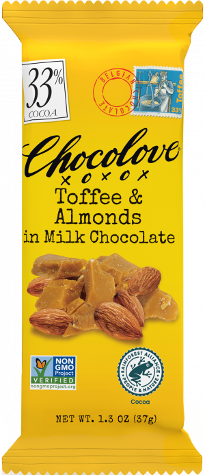 Chocolove Toffee and Almonds in Milk Chocolate bar with 33% cocoa, shown in bright yellow packaging. The front displays chunks of toffee and whole almonds, with Non-GMO Project Verified and Rainforest Alliance Certified logos. Net weight is 1.3 oz (37g).