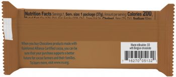 The back of the Chocolove Hazelnuts in Milk Chocolate mini bar packaging shows a barcode with the product's UPC number. Next to it, a sustainability message in blue text states that Chocolove products made with Rainforest Alliance Certified cocoa support better futures for cocoa farmers and their families. The wrapper also indicates the chocolate is made in Boulder, CO, with Belgian chocolate, and features a curbside recyclable logo.