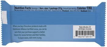 The back of a Chocolove Peppermint in Dark Chocolate mini bar package displays a nutritional facts panel in black text on a peppermint-blue background. It provides details such as 190 calories per serving, 13g of total fat, and 16g of total sugars. The ingredients list includes dark chocolate and peppermint oil. An allergen warning states the product contains soy and is manufactured in a facility that processes milk, eggs, peanuts, and tree nuts.