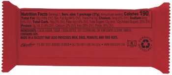 The back of a Chocolove Peppermint in Dark Chocolate mini bar package displays a nutritional facts panel in black text on a pastel blue background. It lists details such as 190 calories per serving, 13g of total fat, and 16g of total sugars. The ingredients include dark chocolate and peppermint oil. An allergen warning states the product contains soy and is manufactured in a facility that processes milk, eggs, peanuts, and tree nuts.