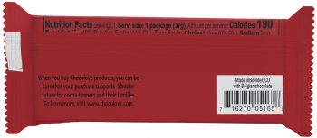 The back of the Chocolove Peppermint in Dark Chocolate mini bar packaging features a barcode with the product's UPC number. Next to it, a sustainability message in black text states that Chocolove products made with Rainforest Alliance Certified cocoa support better futures for cocoa farmers and their families. The wrapper also indicates the chocolate is made in Boulder, CO, with Belgian chocolate, and features a curbside recyclable logo.