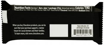 The back of the Chocolove Almonds & Sea Salt in Strong Dark Chocolate mini bar packaging features a barcode with the product’s UPC number. Adjacent to the barcode, a sustainability message in white text explains that Chocolove products made with certified cocoa support better futures for cocoa farmers and their families. The packaging also notes that the chocolate is made in Boulder, CO, with Belgian chocolate and includes a curbside recyclable logo.