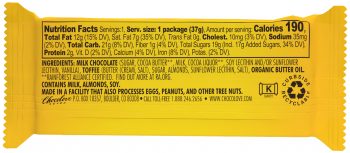 The back of a Chocolove Toffee & Almonds in Milk Chocolate mini bar package displays a nutritional facts panel in black text on a bright yellow background. It lists details such as 190 calories per serving, 12g of total fat, and 19g of total sugars. The ingredients include milk chocolate, toffee made from butter, sugar, and almonds, along with organic butter oil. An allergen warning states the product contains milk, almonds, and soy and is manufactured in a facility that processes eggs, peanuts, and other tree nuts.