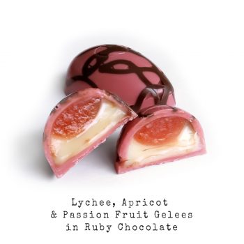 LYCHEE APRICOT and PASSION FRUIT GELEES IN RUBY CHOCOLATE eggs