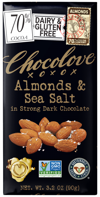 Front of Wrapper for Chocolove's Almonds & Sea Salt in Strong Dark 70% cocoa chocolate bar