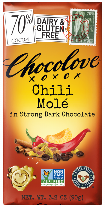 Front of Wrapper for Chocolove's Chili Mole in Strong Dark 70% cocoa chocolate bar