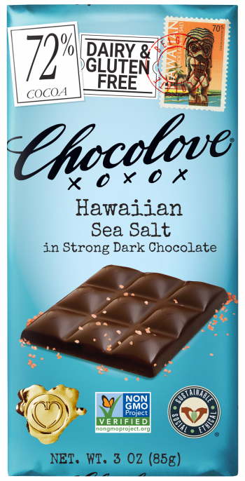 Front of Wrapper for Chocolove's Hawaiian Sea Salt in Strong Dark 72% cocoa chocolate bar