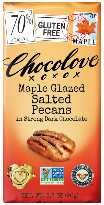 Front of Wrapper for Chocolove's Maple Glazed Salted Pecans in Strong Dark 70% cocoa chocolate bar