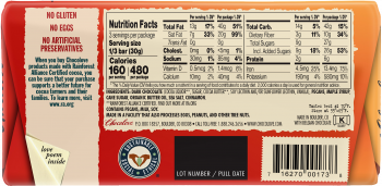Back of Wrapper with Nutritional Information and Ingredients for Chocolove's Maple Glazed Salted Pecans in Strong Dark 70% cocoa chocolate bar