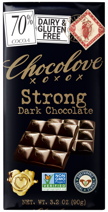 Front of Wrapper for Chocolove's Strong Dark 70% cocoa chocolate bar