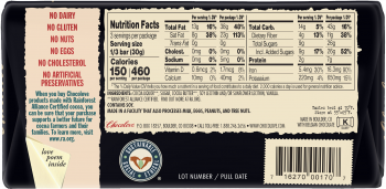 Back of Wrapper with Nutritional Information and Ingredients for Chocolove's Strong Dark 70% cocoa Chocolate bar