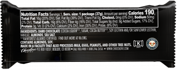 Back of Wrapper with Nutritional Information and Ingredients for Chocolove's Almonds & Sea Salt in Strong Dark 70% cocoa Chocolate Mini chocolate bar