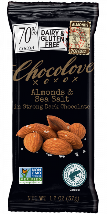 Front of Wrapper for Chocolove's Almonds & Sea Salt in Strong Dark 70% cocoa Chocolate Mini Bar