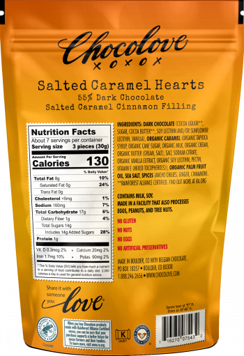 Back of Package with Nutrition Facts and Ingredients - Chocolove Valentine's Salted Caramel Cinnamon Filling in Dark Chocolate Hearts Bites