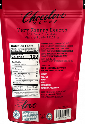 Back of Package with Nutrition Facts and Ingredients - Chocolove Valentine's Very Cherry Filling in Dark Chocolate Hearts Bites