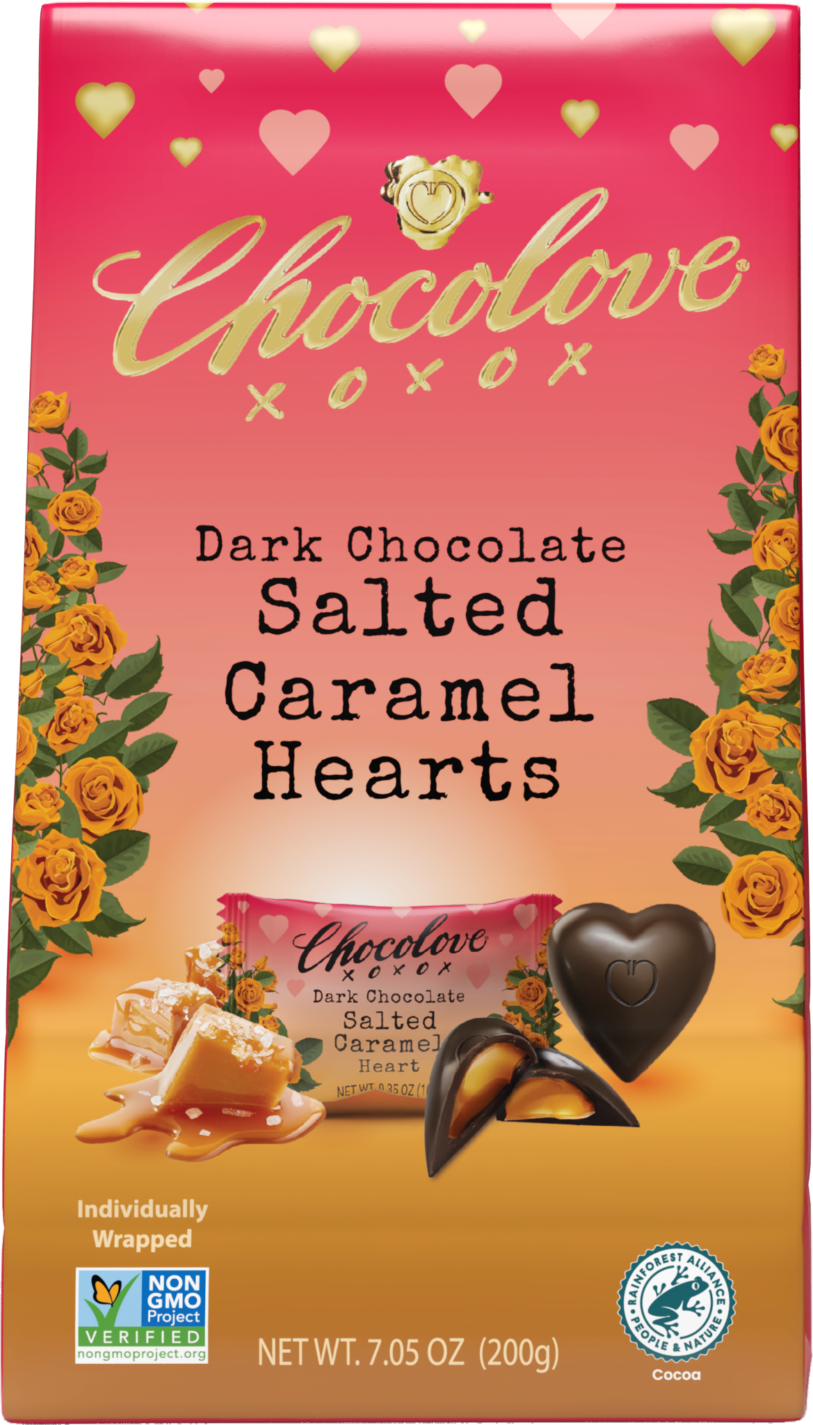 Front of the Chocolove Dark Chocolate Salted Caramel Hearts packaging. Features vibrant red-to-orange gradient with heart-shaped designs and floral accents. Includes a close-up of individually wrapped chocolates and a cut-open chocolate heart revealing a caramel filling. Text highlights 'Dark Chocolate Salted Caramel Hearts' and 'Individually Wrapped,' with Non-GMO Project Verified and Rainforest Alliance Certified logos