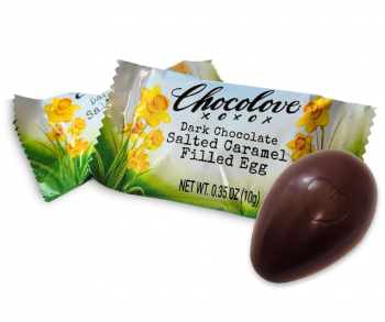 Chocolove Seasonal Easter Dark Chocolate Salted Caramel Filled Egg-shaped Bites, Wrapper and Chocolate closeup