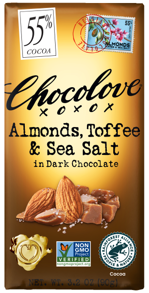 Front of a Chocolove Almonds, Toffee & Sea Salt in Dark Chocolate bar wrapper. The background is a rich golden color with the product name "Almonds, Toffee & Sea Salt in Dark Chocolate" displayed in bold black letters. The top left corner features a stamp with the percentage "55%" and the words "Cocoa Content," along with a small illustration of almonds. The wrapper also includes logos for Non-GMO Project Verified and Rainforest Alliance Certified, with a heart-shaped seal at the bottom.