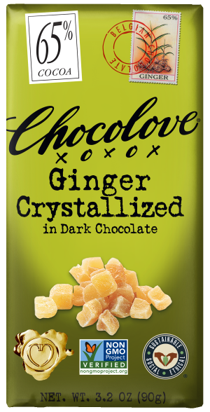 Front of a Chocolove Ginger Crystallized in Dark Chocolate bar wrapper. The background is a vibrant green with the product name "Ginger Crystallized in Dark Chocolate" displayed in bold black letters. The top right corner features a stamp with the word "Ginger" and the percentage "65% cocoa," along with a small illustration of a ginger root. The wrapper also includes logos for Non-GMO Project Verified and Rainforest Alliance Certified, with a heart-shaped seal at the bottom.