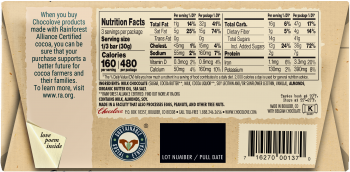 Back of the Almonds & Sea Salt in Milk Chocolate bar wrapper featuring the nutritional label. It includes the product’s ingredients list, nutrition facts, and disclaimers such as "made in a facility that processes eggs, peanuts, and tree nuts" and "love poem inside." The barcode and lot number are located at the bottom.