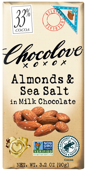 Chocolove Almonds & Sea Salt in Milk Chocolate bar. The wrapper features a 33% cocoa content, with a Belgian chocolate stamp and a small image of almonds and sea salt. The packaging also includes the Non-GMO Project Verified label, the Rainforest Alliance certification, and a gold heart-shaped seal. The bar's name is written in bold, black lettering on a cream-colored background, with almonds and a sprinkling of sea salt depicted at the bottom. Net weight of 3.2 oz (90g).