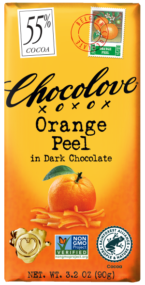 Front of a Chocolove Orange Peel in Dark Chocolate bar wrapper. The background is a vibrant orange with the product name "Orange Peel in Dark Chocolate" displayed in bold black letters. The top right corner features a stamp with the word "Orange" and the percentage "55% cocoa," along with a small illustration of an orange peel. The wrapper also includes logos for Non-GMO Project Verified and Rainforest Alliance Certified, with a heart-shaped seal at the bottom.