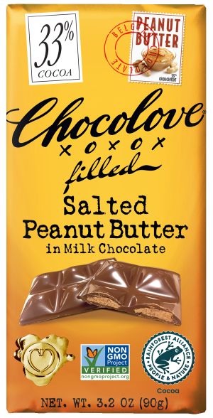 Front of a Chocolove Salted Peanut Butter in Milk Chocolate bar wrapper. The background is a vibrant yellow, and the product name "Salted Peanut Butter in Milk Chocolate" is in bold, black letters. The top right corner features a stamp with the word "Peanut Butter" and the percentage "33% cocoa" alongside a small image of peanut butter. The bar is shown with a section broken off, revealing the salted peanut butter filling inside. The wrapper also includes logos for Non-GMO Project Verified and Rainforest Alliance Certified, along with a heart-shaped seal at the bottom.