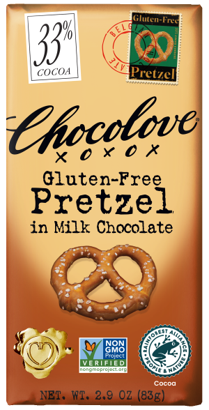 Image showing a package of Chocolove's Gluten-Free Pretzel in Milk Chocolate with a pretzel illustration on the wrapper and a Non-GMO verified logo.