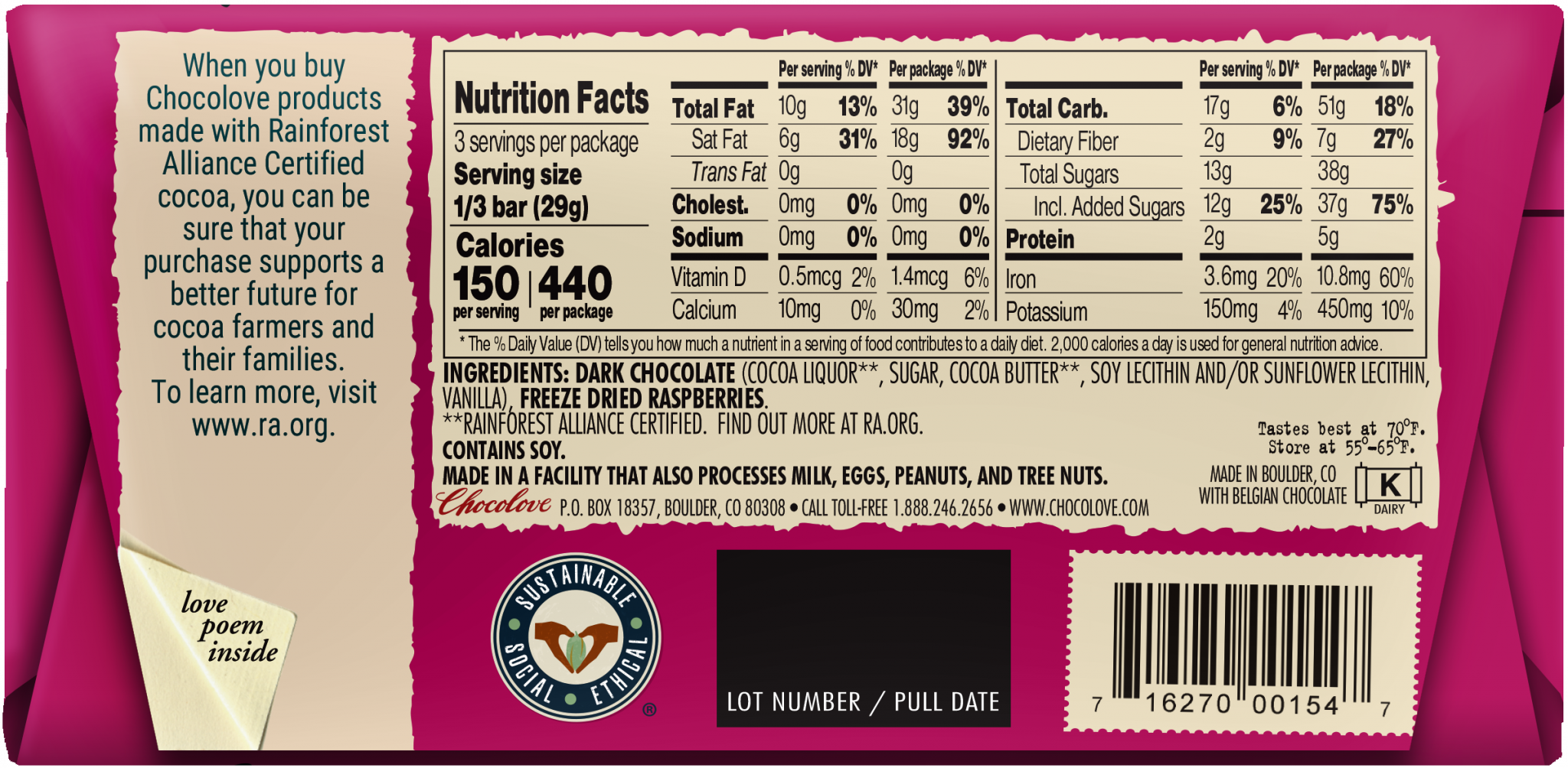 Raspberries in Dark Chocolate - Chocolove - Premium Chocolate