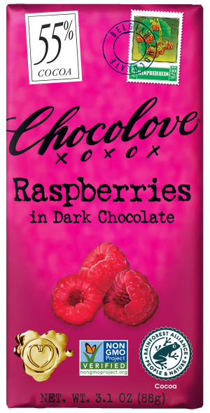 Front of a Chocolove Raspberries in Dark Chocolate bar wrapper. The background is a vibrant raspberry pink with the product name "Raspberries in Dark Chocolate" displayed in bold black letters. The top left corner features a stamp with the percentage "55%" and the words "Cocoa Content," along with a small illustration of raspberries. The wrapper also includes logos for Non-GMO Project Verified and Rainforest Alliance Certified, with a heart-shaped seal at the bottom.