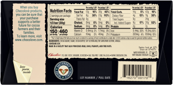 Chocolove Strong Dark Chocolate wrapper featuring the nutritional label. It includes the product’s ingredients list, nutrition facts, and disclaimers such as "made in a facility that processes eggs, peanuts, and tree nuts" and "love poem inside." The barcode and lot number are located at the bottom.