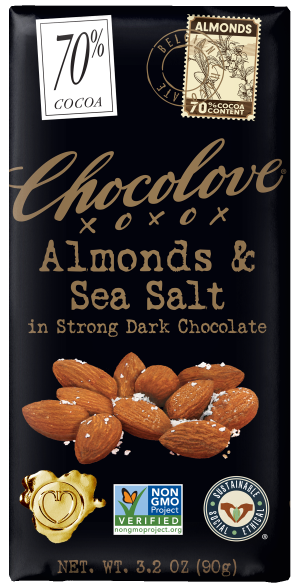 Front of a Chocolove Almonds & Sea Salt in Strong Dark Chocolate bar wrapper. The background is a rich black with the product name "Almonds & Sea Salt in Strong Dark Chocolate" displayed in bold gold letters. The top left corner features a stamp with the percentage "70%" and the words "Cocoa Content," along with a small illustration of almonds. The wrapper also includes logos for Non-GMO Project Verified and Rainforest Alliance Certified, with a heart-shaped seal at the bottom.