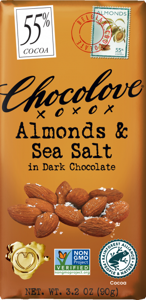 Front of a Chocolove Almonds & Sea Salt in 55% Dark Chocolate bar wrapper. The background is a warm orange with the product name "Almonds & Sea Salt in Dark Chocolate" displayed in bold black letters. The top left corner features a stamp with the percentage "55%" and the words "Cocoa Content," along with a small illustration of almonds. The wrapper also includes logos for Non-GMO Project Verified and Rainforest Alliance Certified, with a heart-shaped seal at the bottom.