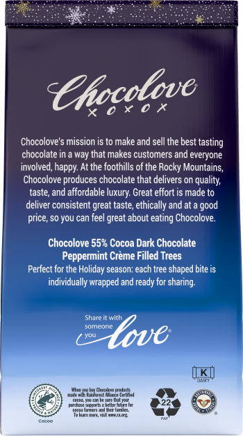 Back side of Chocolove Peppermint Creme in Dark Chocolate Tree-Shaped Holiday Bites