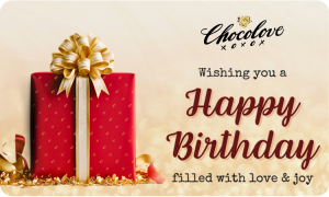 Chocolove digital gift card featuring a red gift box with a gold bow against a sparkling golden background. Displays the Chocolove logo with a wax seal heart and the message “Wishing you a Happy Birthday filled with love & joy.” This is a digital gift card, not a physical item.