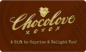 Chocolove digital gift card with a rich chocolate brown background and gold script logo. Features a golden wax seal with a heart at the top and the text “A Gift to Surprise & Delight You!” This is a digital gift card, not a physical product.