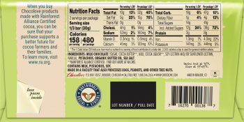 The back of a Chocolove Pistachios & Sea Salt in Milk Chocolate wrapper with a light green background. It features a statement about Rainforest Alliance Certified cocoa and its support for cocoa farmers, along with the website www.ra.org. The nutrition facts panel details three servings per package, with 158 calories per serving. The ingredients list includes milk chocolate, pistachios, organic butter oil, and sea salt. There is a note about allergens, indicating that the product contains milk, pistachios, and soy and is processed in a facility that handles eggs, peanuts, and other tree nuts. Additional elements include a 'love poem inside' message, a sustainable sourcing certification logo, a barcode, a lot number/pull date section, and storage instructions advising 55–65°F for best quality.