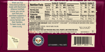 The back of a Chocolove Walnuts & Sea Salt in Dark Chocolate wrapper with a deep red background. A message highlights that the cocoa used is Rainforest Alliance Certified, supporting cocoa farmers and their families, with a link to www.ra.org. The nutrition facts panel states 155 calories per serving and lists dark chocolate, walnuts, and sea salt as main ingredients. Allergen information notes the presence of walnuts and soy and mentions that the product is processed in a facility that handles milk, eggs, peanuts, and other tree nuts. The back also includes a 'love poem inside' note, a sustainable sourcing certification logo, a barcode, a lot number/pull date section, and recommended storage temperatures between 55–65°F
