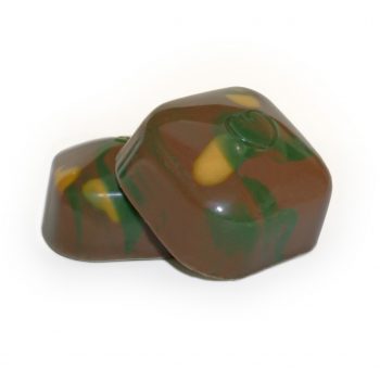 Close-up of two Chocolove Dubai Style Pistachio & Kadayif milk chocolates with heart emboss and green and yellow swirl decoration