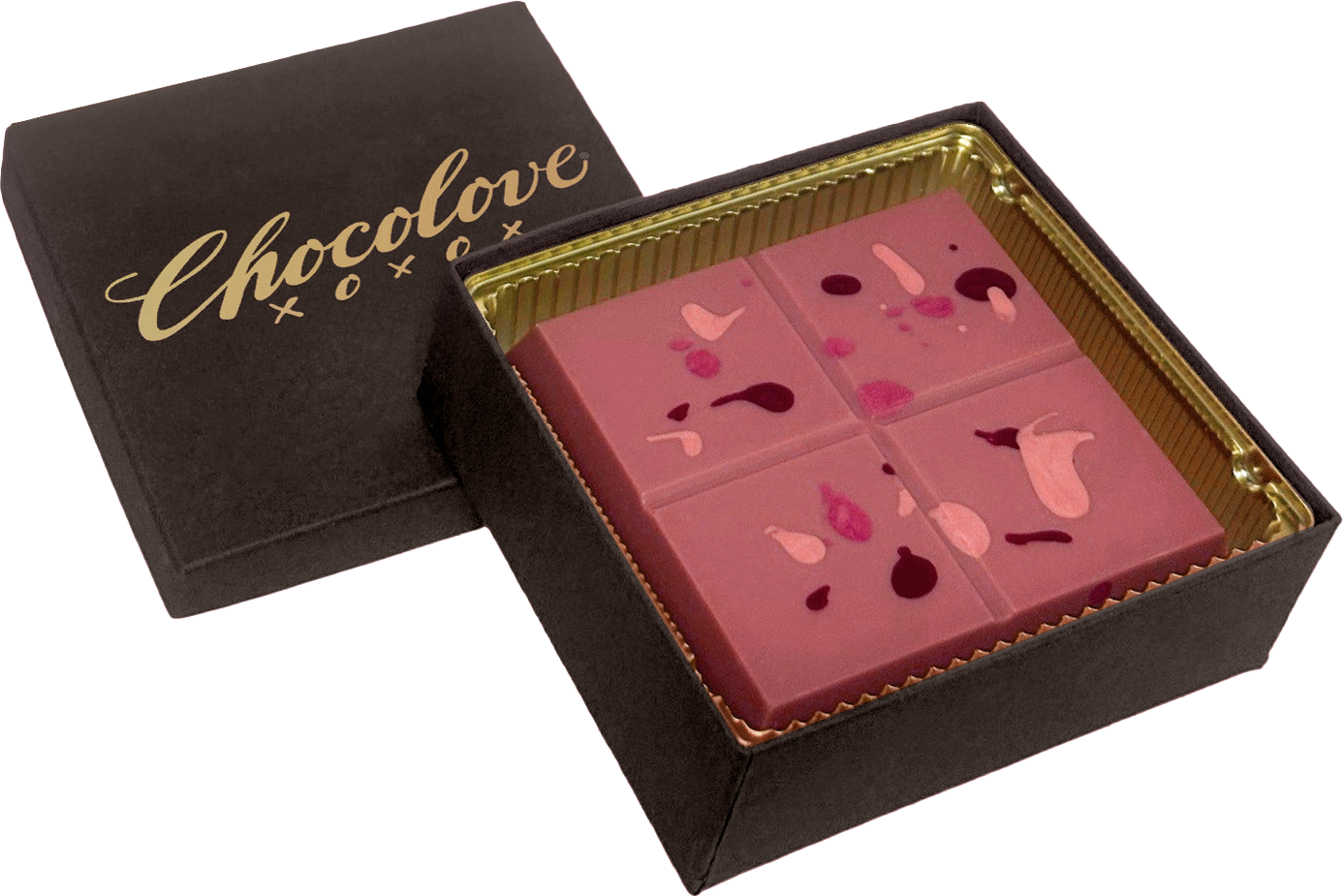 Close-up of Chocolove Sunburst Mango-Passion fruit filled Ruby Chocolate Luxe Bar showing glossy pink chocolate squares with vibrant fruit swirls.