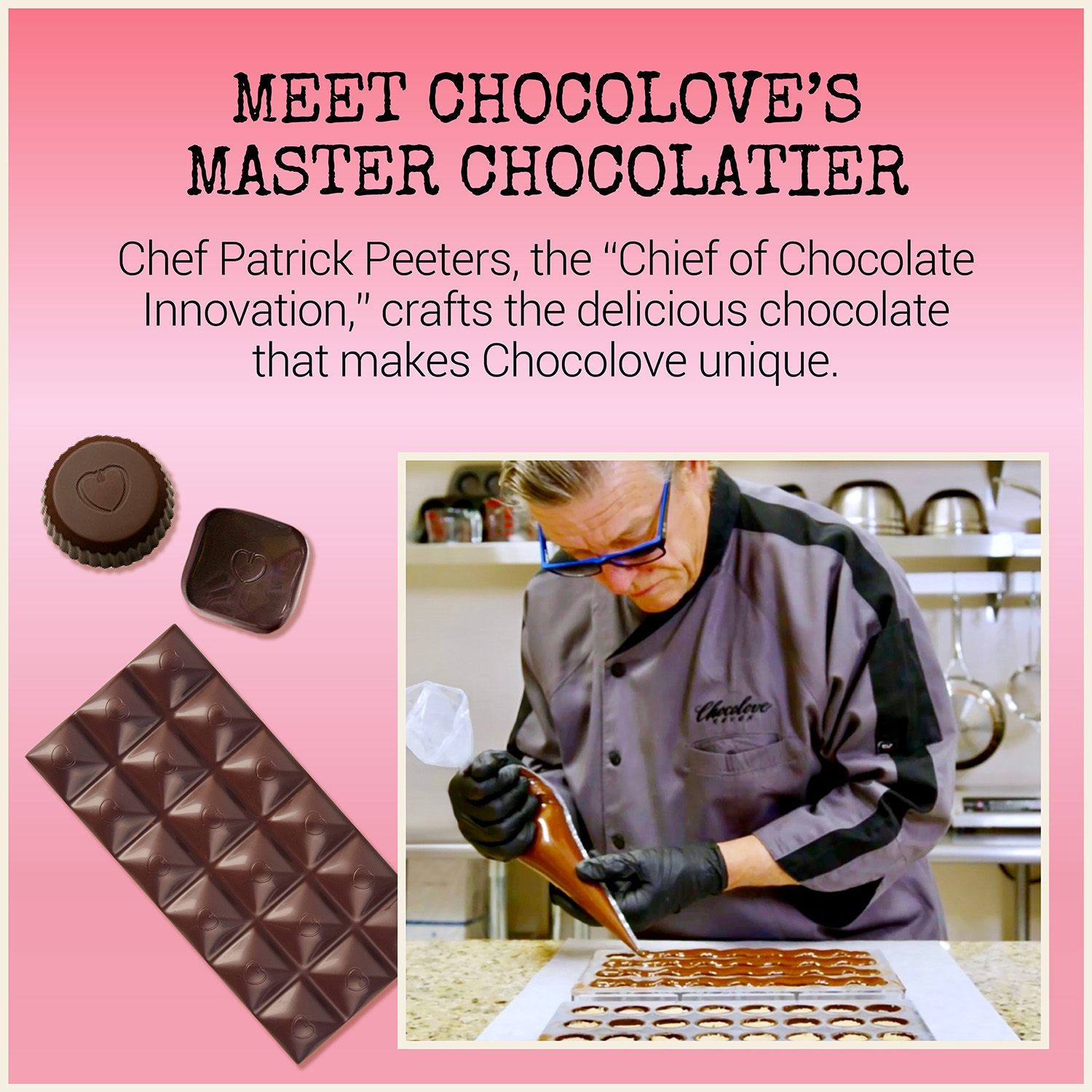 Chocolove Master Chocolatier Patrick Peeters crafting fine gourmet chocolate by hand, showcasing Chocolove’s artisanal quality and innovation.