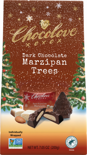 Front of Chocolove Marzipan Butter in Dark Chocolate Tree-Shaped Holiday Bites package, featuring individually wrapped pieces with a creamy marzipan center, almonds and festive holiday design.
