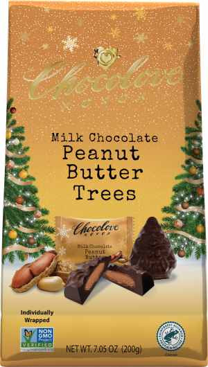 Front of Chocolove Peanut Butter in Milk Chocolate Tree-Shaped Holiday Bites package, featuring individually wrapped pieces with a creamy peanut butter center and festive holiday design.