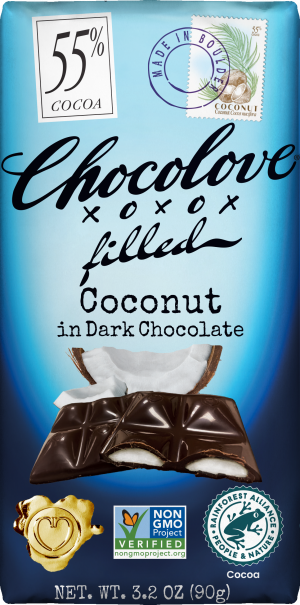 Chocolove Coconut in Dark Chocolate Filled Bar with dark chocolate exterior and coconut filling inside.